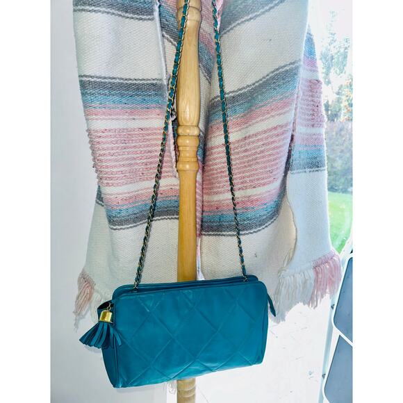 VINTAGE EIGHTIES 80's HENRI BENDEL TURQUOISE QUILTED LEATHER CROSSBODY BAG - Picture 11 of 11